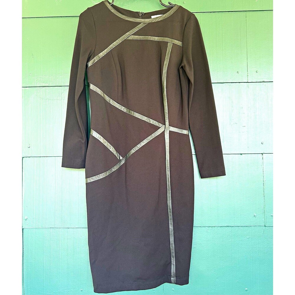 Zelda Black Sheath Dress Long Sleeve Faux Leather Geometric Trim Sz 4